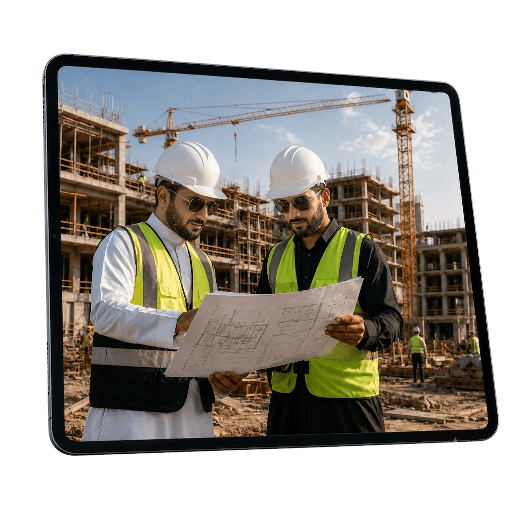 مهندسون يراجعون مخططات في موقع بناء